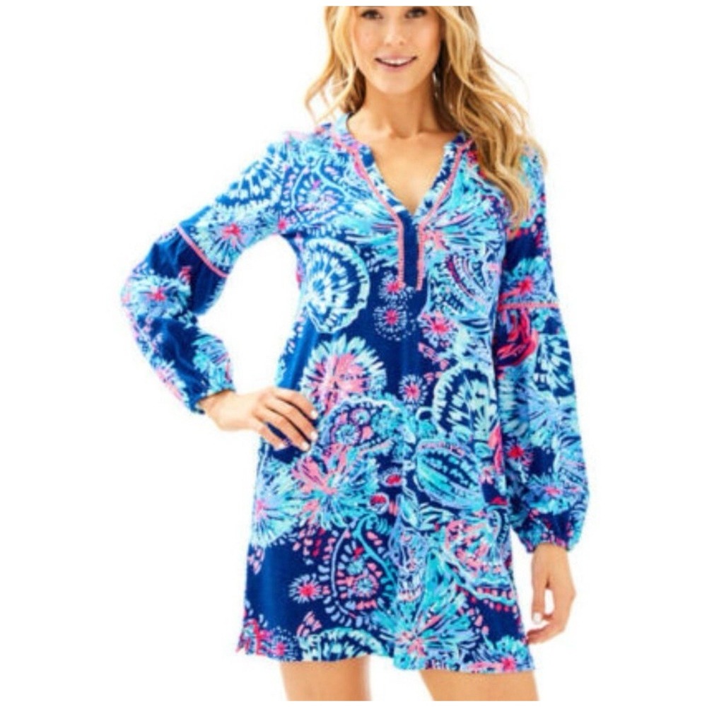 SM LILLY PULITZER Joy Dress Blue & Pink Floral Peasant Sleeve‎ Preppy Vacation